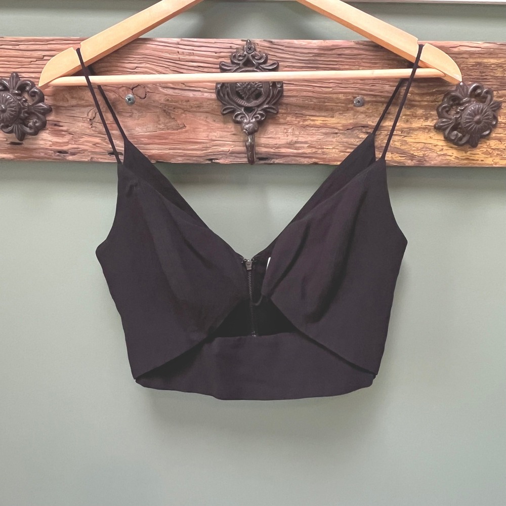 Zimmermann Plunge Black Front Zip Cutout Crop Top Spaghetti Strap V-Neck Small‎